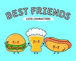 Cute, funny happy glass of beer, hot dog and hamburger . Vector hand drawn cartoon kawaii characters, illustration icon. Funny cartoon glass of beer hot dog and hamburger mascot friends concept