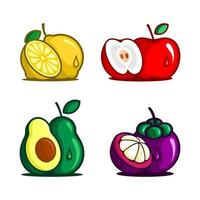 ilustración vectorial de un conjunto de frutas, limón, manzana, aguacate, mangostán vector