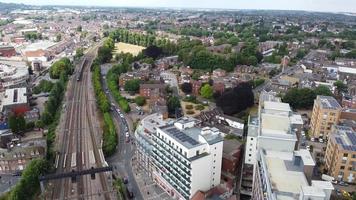 Most Beautiful Aerial View of City centre Buildings and Central Railway Station of Luton Town of England, Train on Tracks video