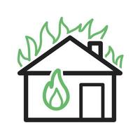 fuego que consume la línea de la casa icono verde y negro vector