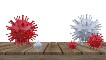 A 3d rendering of wooden panel and covid  virus model png