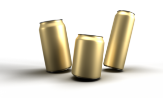 una representación 3d de 3 latas doradas sobre fondo transaprent png