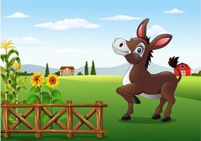 Cartoon happy donkey with farm background vector