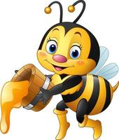 Cartoon little bee holding honey bucket vector