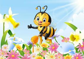 Cartoon bee sitting on flower and waving hand vector