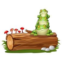 Cartoon frog stacked on tree log vector