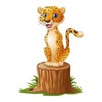 leopardo de dibujos animados sentado en un tocón de árbol vector