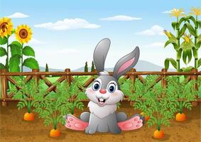 conejo de dibujos animados con planta de zanahoria en el jardín