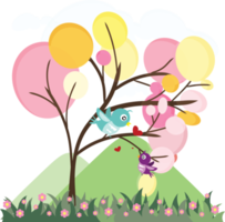 colorful cute trees with love birds, birds in love flying around the tree with green meadow and mountain illustration png