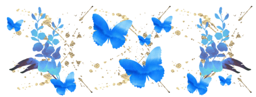 Watercolour butterflies pattern. Background transparent. Blue and golden texture. png