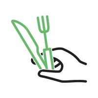 sosteniendo el icono verde y negro de la línea de tenedor y cuchillo vector