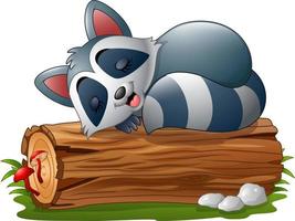 mapache de dibujos animados durmiendo en el tronco del árbol vector