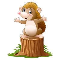 Cute hedgehog cartoon on the tree log vector