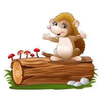 Cute hedgehog cartoon on the tree log vector