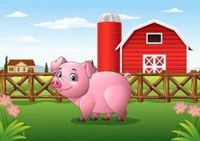 Cartoon pig in the farm background vector