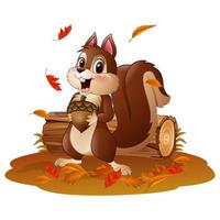 Cartoon funny squirrel holding pine cone in the autumn weather vector