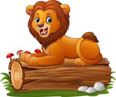 Cartoon lion on a tree log vector