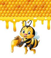 Cartoon bee holding bucket with honeycomb and honey dripping vector