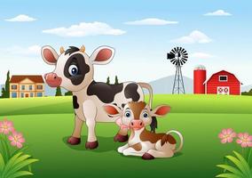 Cartoon cow and calf with farm background