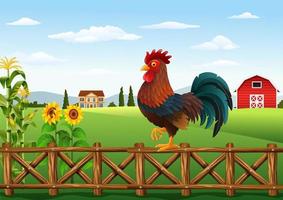 gallo de dibujos animados de pie en la valla con fondo de granja vector