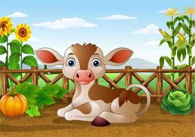vaca de dibujos animados sentada en la granja vector