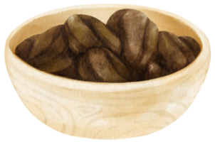 grains de café torréfiés à l'aquarelle dans un bol en bois png