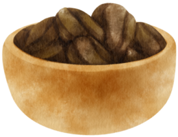 watercolor Roasted coffee beans in wooden bowl png