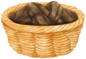 watercolor Roasted coffee beans in wicker basket png