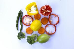 Healthy fruits Mixed isolated on white background with pace for text,  Healthy Food placed on center backgroud from different fruits and vegetables for Shopping concepts photo