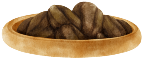 grains de café torréfiés à l'aquarelle dans une assiette en bois png