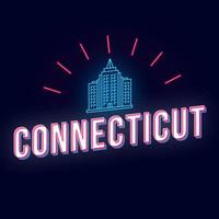 Connecticut vintage 3d vector lettering. Retro bold font, typeface. Pop art stylized text. Old school style neon light letters. 90s, 80s poster, banner. Dark violet color background with skyscraper