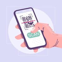 QR code scanning app flat vector illustration. Binary identification system cartoon concept. Mobile scanner application idea. Hand holding smartphone with button on display. Modern smart technology