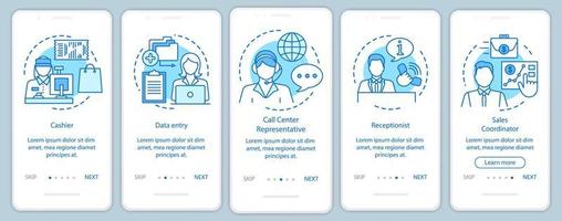 Finding part time jobs blue onboarding mobile app page screen with linear concepts. Receptionist, cashier walkthrough steps graphic instructions. UX, UI, GUI vector template with illustrations
