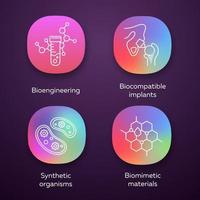 Bioengineering app icons set. Biotechnology. Biochemistry, GMO, implantation. UI UX user interface. Web or mobile applications. Vector isolated illustrations