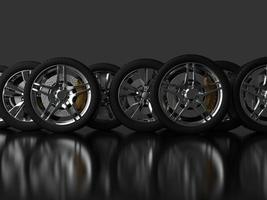 auto wheel with chrome disks close-up on a dark background. 3d render photo