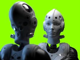 portrait of three robots close-up. isolated 3d illustration for use with dark background photo