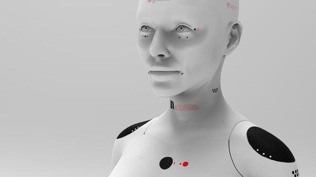 group of robots in female image standing in rows artificial intelligence and robotics concept photo