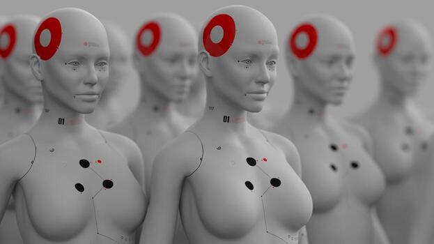 group of robots in female image standing in rows artificial intelligence and robotics concept photo