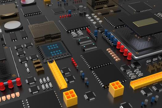 printed circuit board with microchips, processors and other computer parts on a dark background. 3d render photo