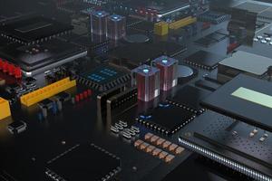 placa de circuito impreso con microchips, procesadores y otras partes de computadora sobre un fondo oscuro. renderizado 3d foto