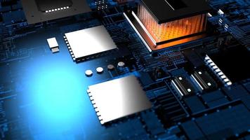 processor chip on a printed circuit board in red backlight. 3d illustration on the topic of technology and the power of artificial intelligence. photo