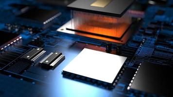 processor chip on a printed circuit board in red backlight. 3d illustration on the topic of technology and the power of artificial intelligence. photo