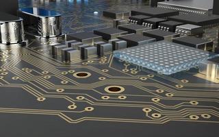 processor chip on a printed circuit board in red backlight. 3d illustration on the topic of technology and the power of artificial intelligence. photo