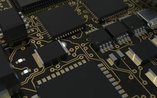 processor chip on a printed circuit board in red backlight. 3d illustration on the topic of technology and the power of artificial intelligence. photo