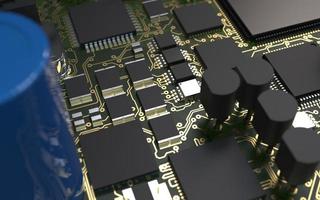 processor chip on a printed circuit board in red backlight. 3d illustration on the topic of technology and the power of artificial intelligence. photo