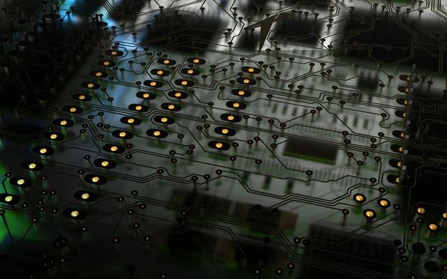 processor chip on a printed circuit board in red backlight. 3d illustration on the topic of technology and the power of artificial intelligence.