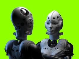 portrait of three robots close-up. isolated 3d illustration for use with dark background photo