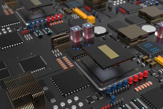 printed circuit board with microchips, processors and other computer parts on a dark background. 3d render photo