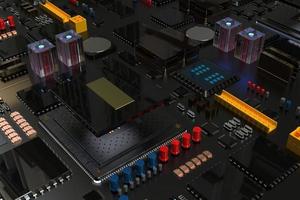 placa de circuito impreso con microchips, procesadores y otras partes de computadora sobre un fondo oscuro. renderizado 3d foto