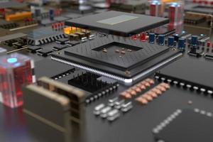 placa de circuito impreso con microchips, procesadores y otras partes de la computadora. 3D Render sobre el tema de la tecnología y la gran potencia informática foto